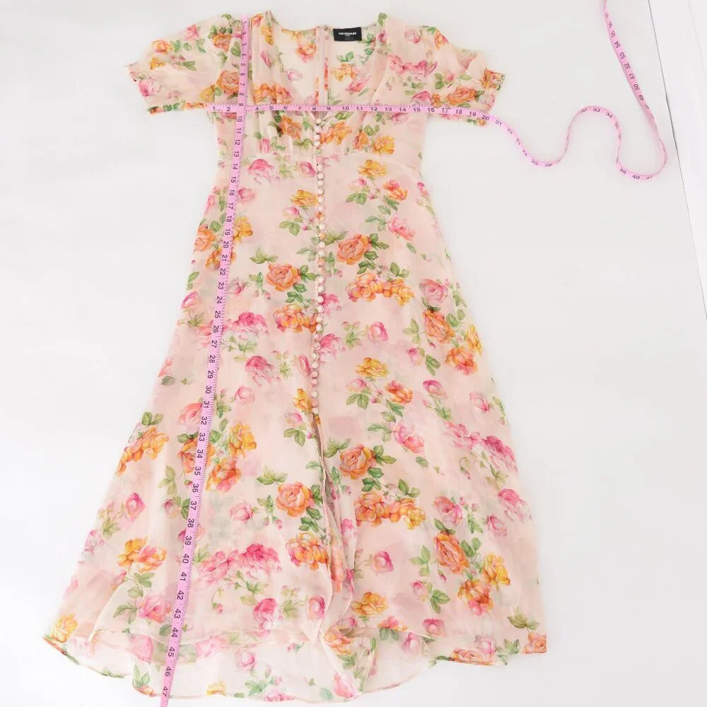 Kooples Antique Pink Floral 100% Silk Puff Sleeve Button Down Slip Midi Dress - Picture 2 of 14